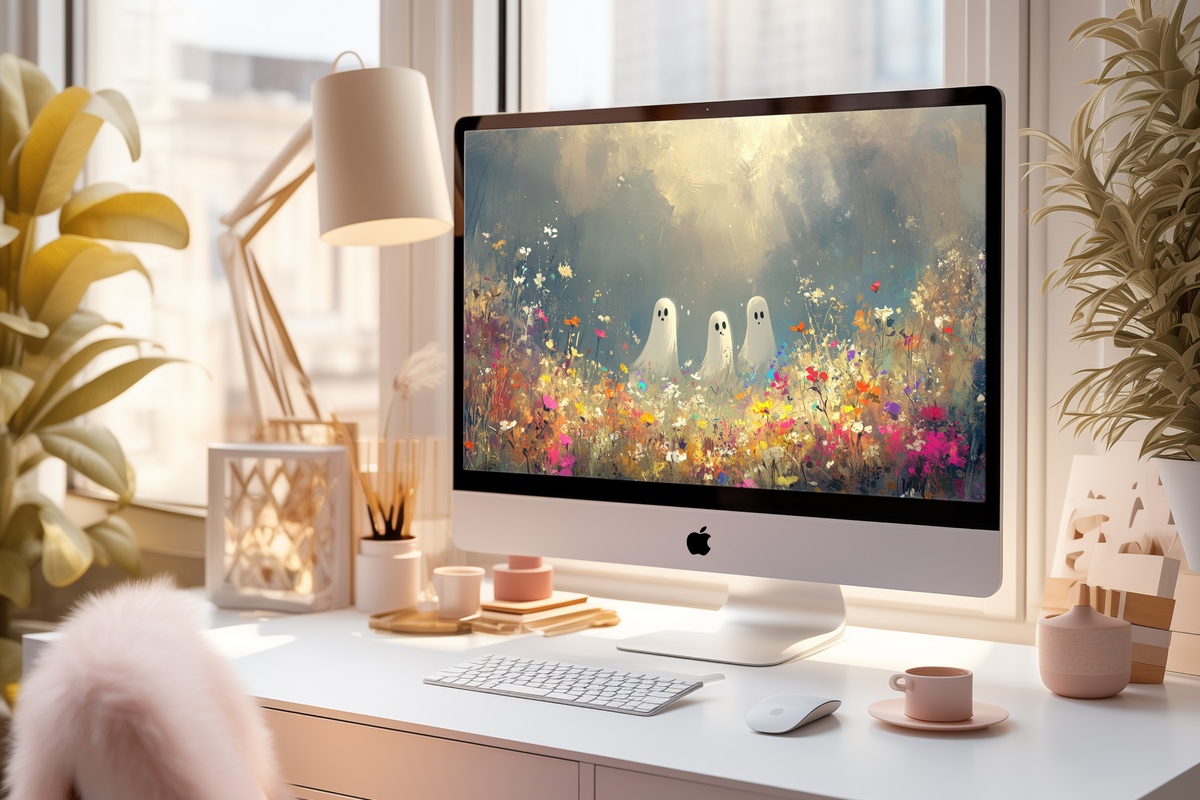 Playful Ghosts in Wildflower Field Halloween Desktop Wallpaper