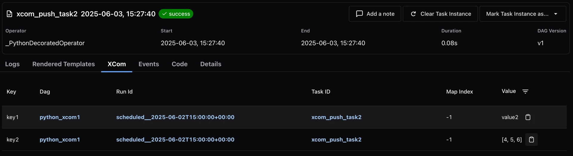 xcom_push_task2 > XCom 목록