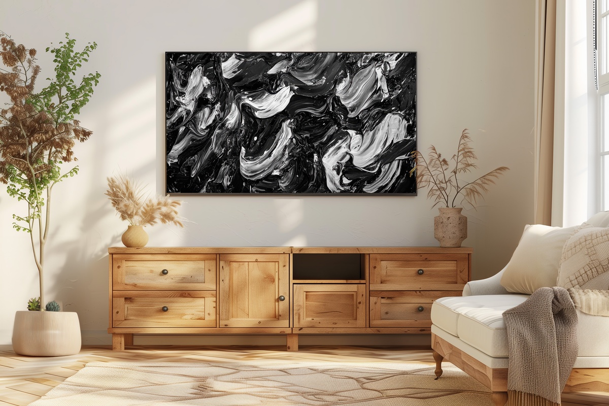 Dynamic Brushstroke Energy Black and White Frame TV Art