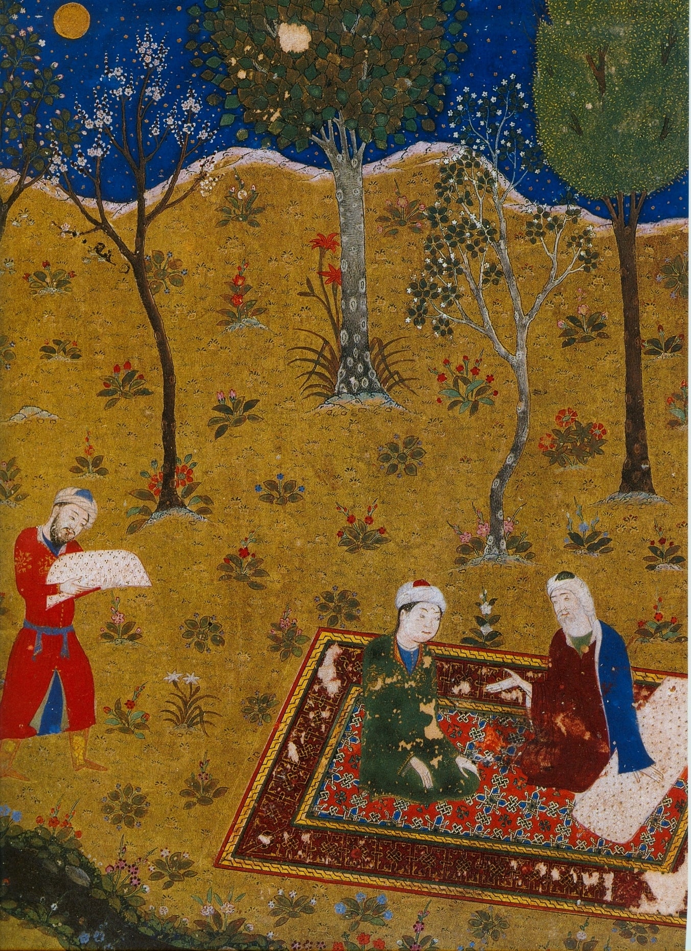 The poet Sa'di converses by night with a young friend in a garden. Miniature from Gulistan Sa'di. Herat, 1427. Chester Beatty Library, Dublin. f.3r