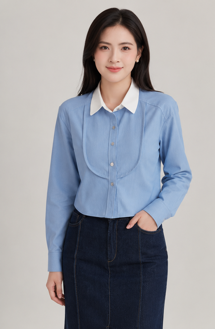 Blue Cotton Crop Shirt