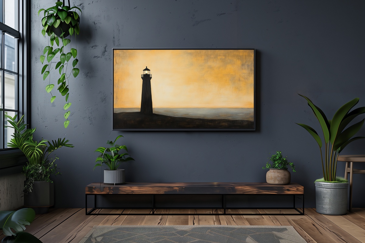 Lighthouse Beacon Silhouette Frame TV Art - a lone lighthouse rendered as a clean dark silhouette against a pale sky