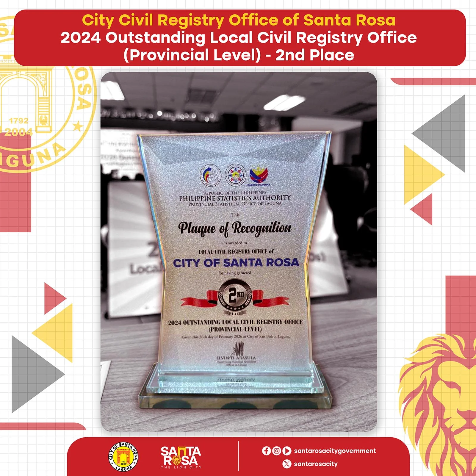 Natatanging Local Civil Registry Office, iginawad sa Santa Rosa CCRO