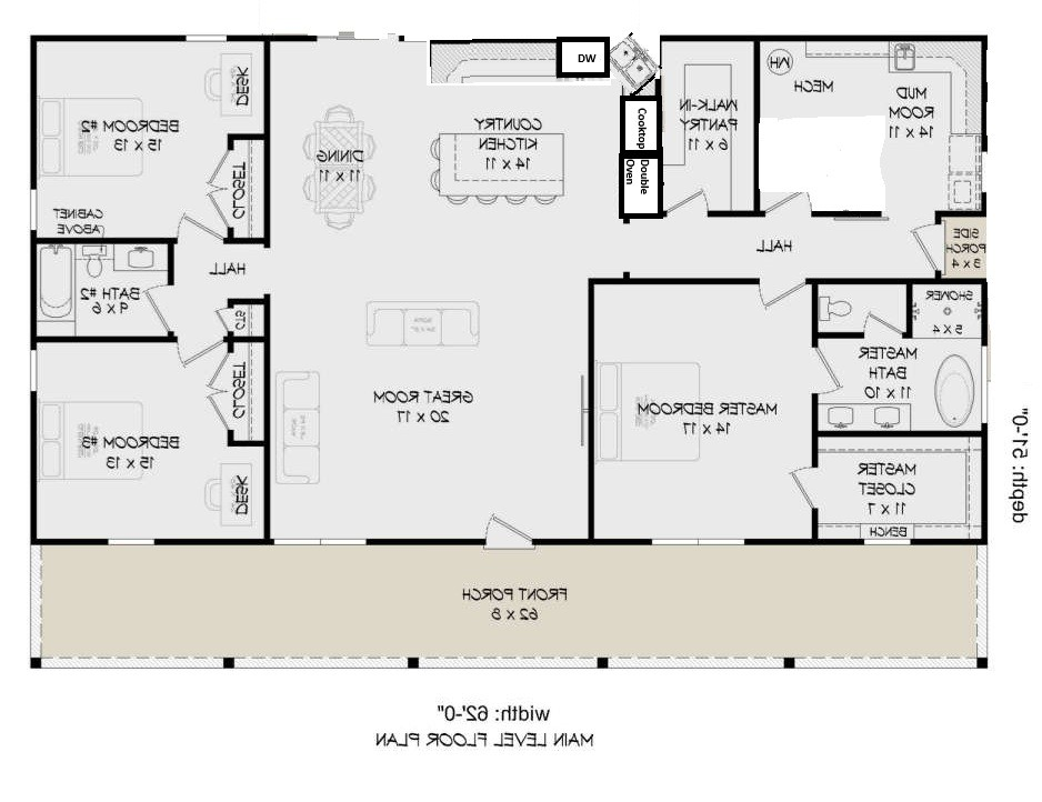 Hand sketch of a one-story main floor with a long front porch, a great room, a country kitchen, a primary suite, and two more bedrooms