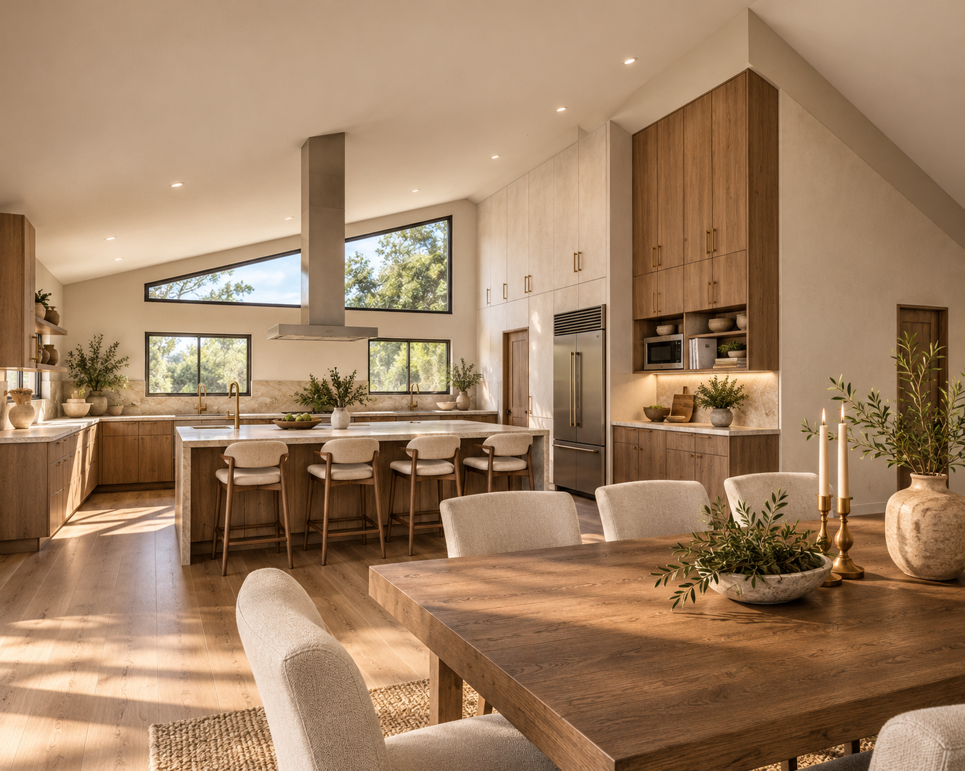 Kitchen and dining with wood cabinets, a stone island, and clerestory windows under a sloped ceiling