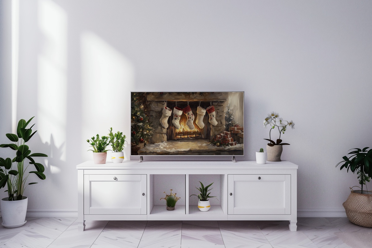Festive Fireside Stockings Christmas Frame TV Art
