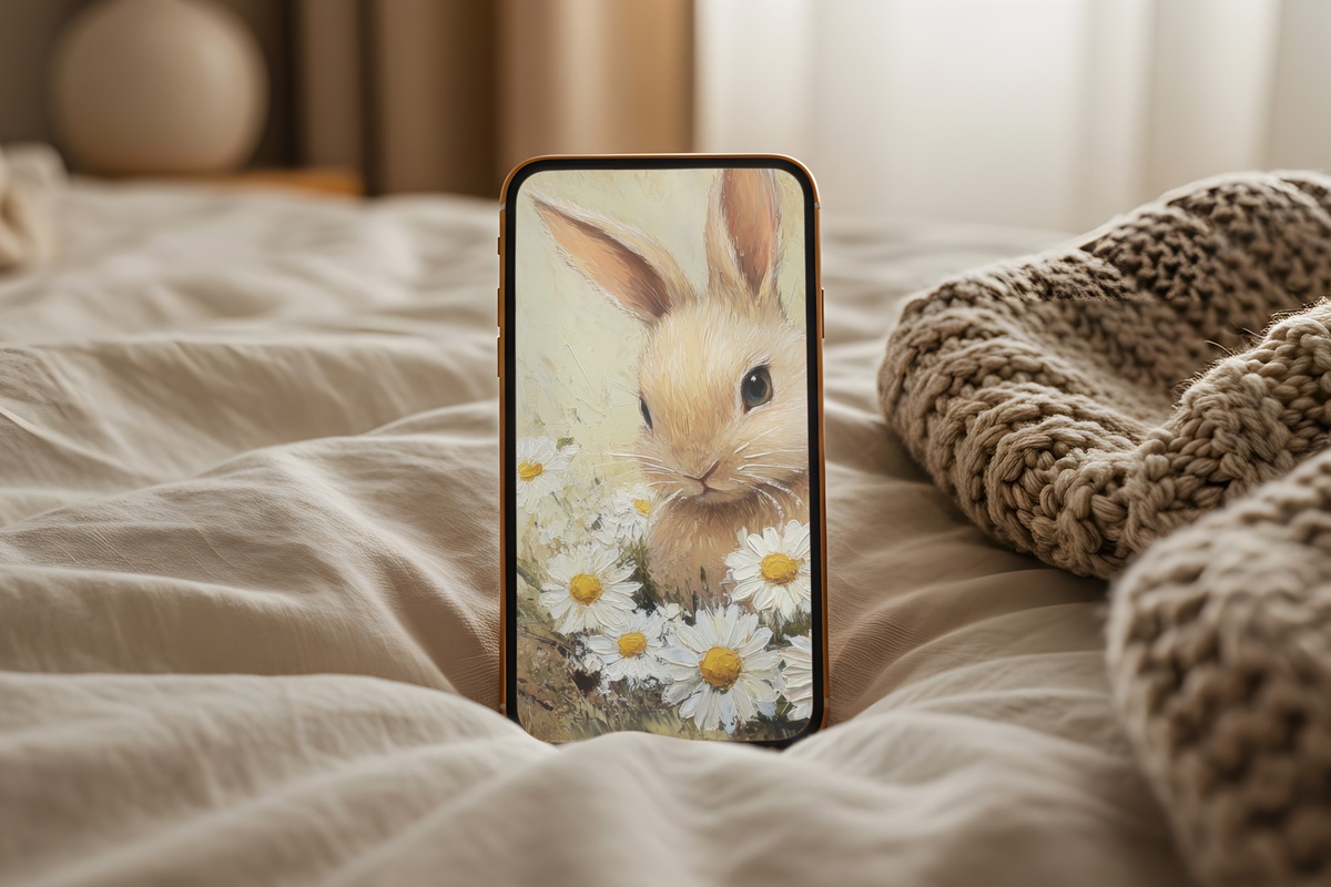 Daisy-Wreathed Bunny Charm soft spring aesthetic iPhone wallpaper