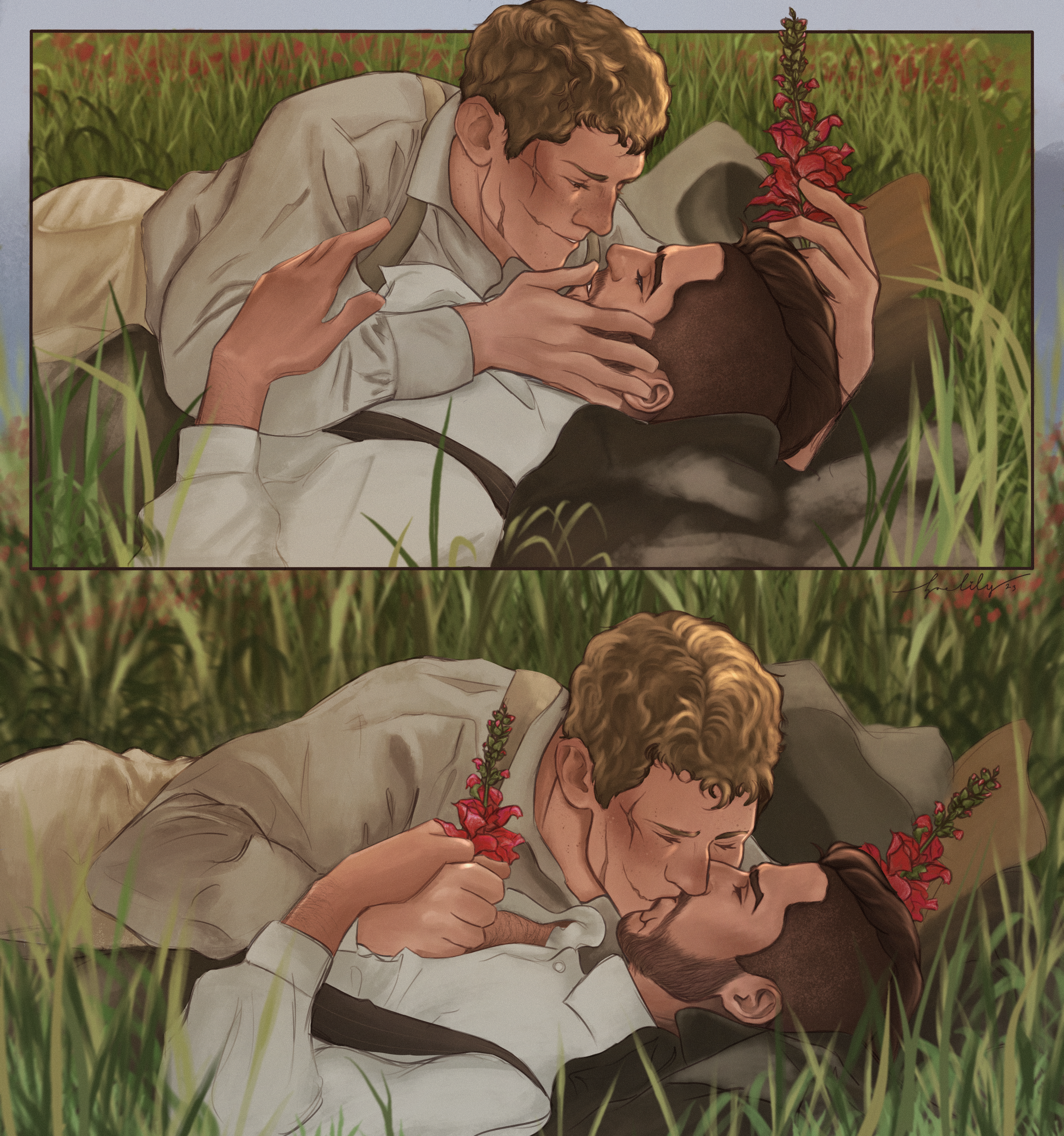 Ghost and Soap lounging in a bed of greenery with red snapdragons