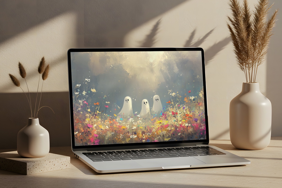 Playful Ghosts in Wildflower Field Desktop Wallpaper