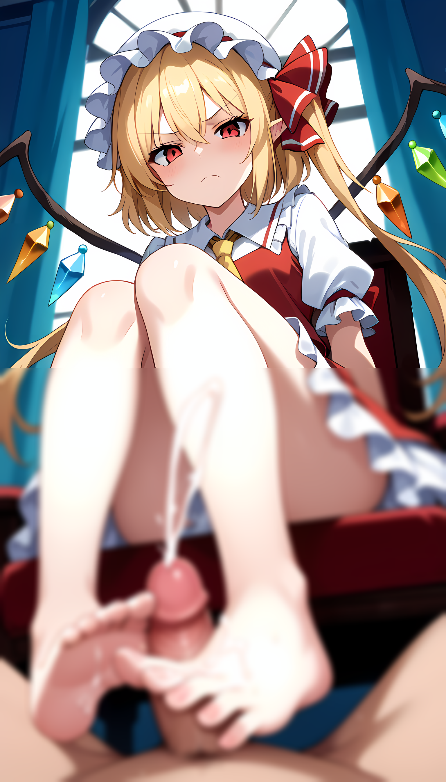 嫌な顔をしながら足コキしてくれるフランちゃん by Thunder with ai art, Flandre Scarlet, Touhou, Touhou Project, footjob, black tights