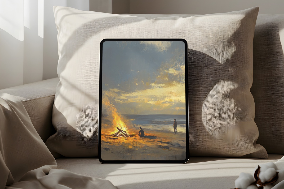 Bonfire Gatherings coastal iPad wallpaper — warm firelight gathering on the shoreline at dusk in amber and navy