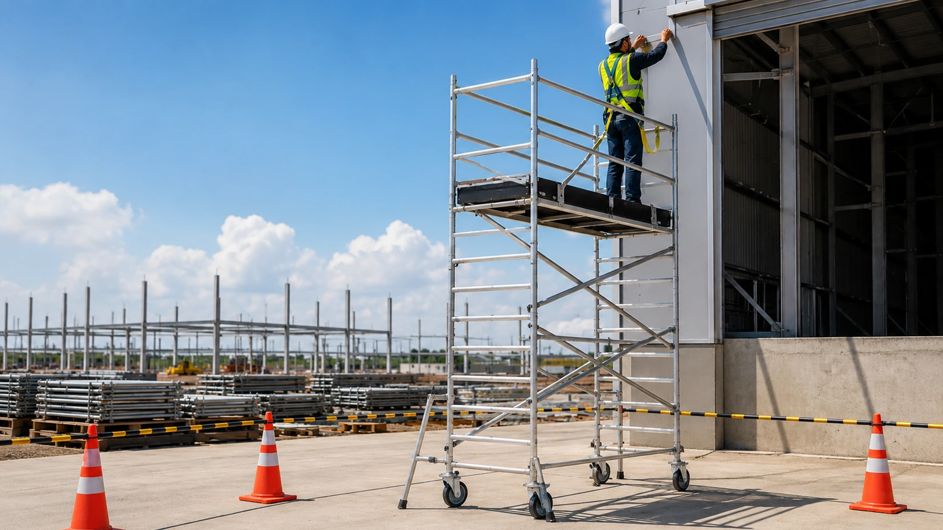 Worker using a mobile scaffolding tower at an outdoor construction site.