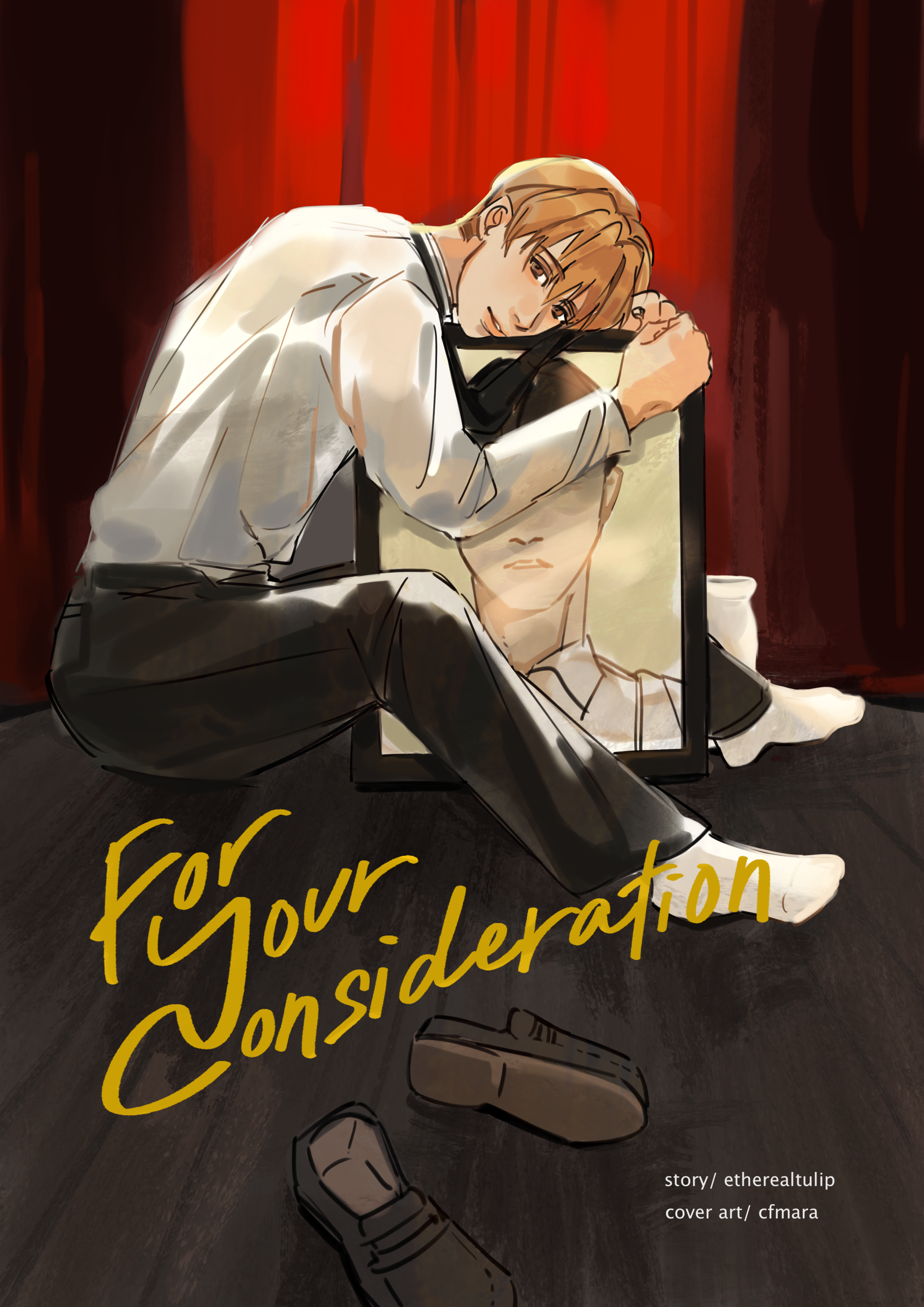 Art by cfmara - Keundal sitting on the ground and cradling a memorial photo of Ryu Gunwoo.