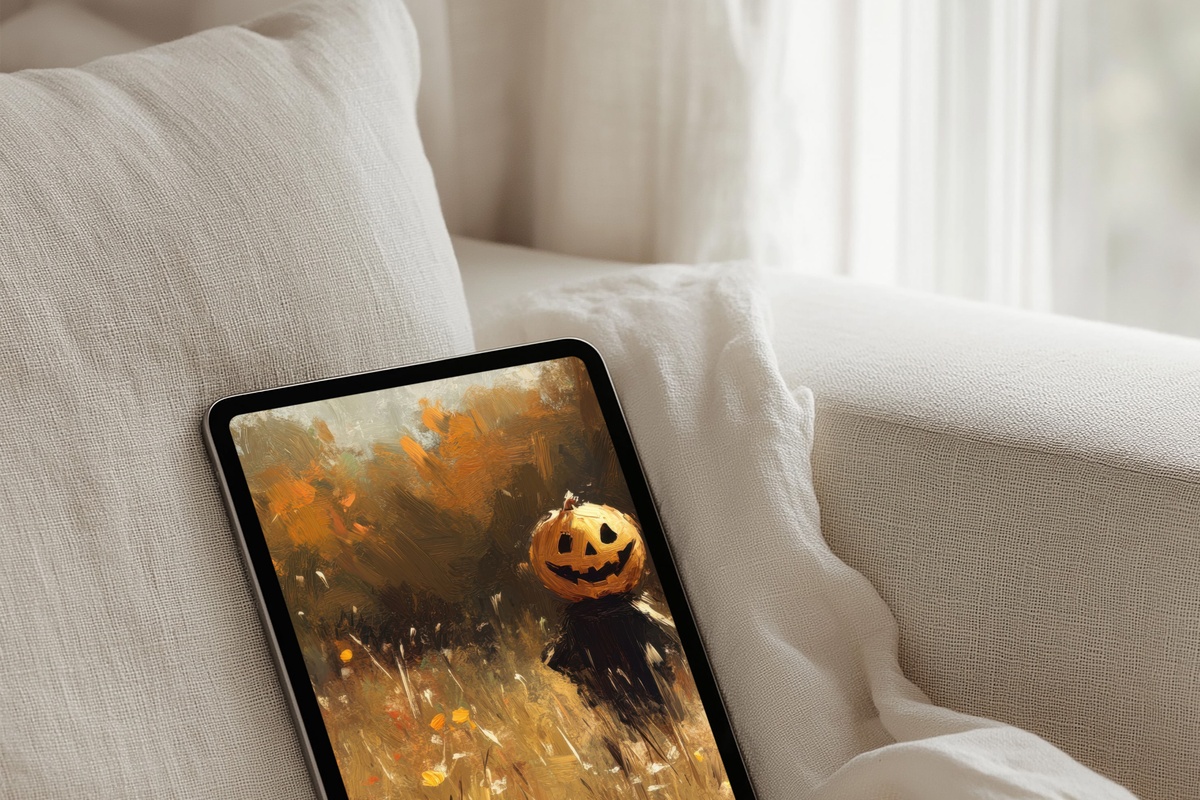 Jack-O-Lantern in Autumn Fields Halloween iPad Wallpaper — warm amber and golden field scene with carved pumpkin