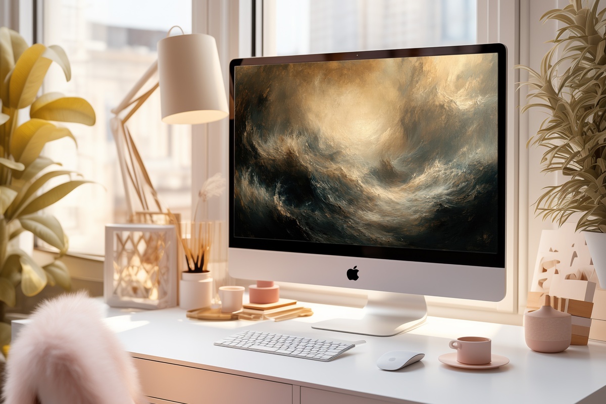 Dramatic Ocean Waves coastal desktop wallpaper with storm waves rendered in impressionist style