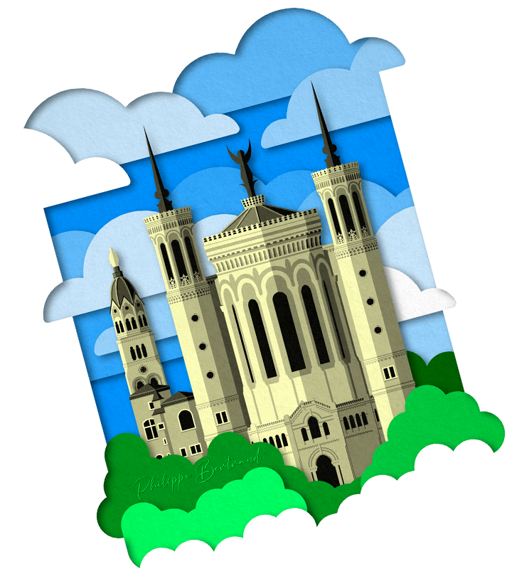 Représentation de la basilique de Fourvière imitant des papiers découpés.
