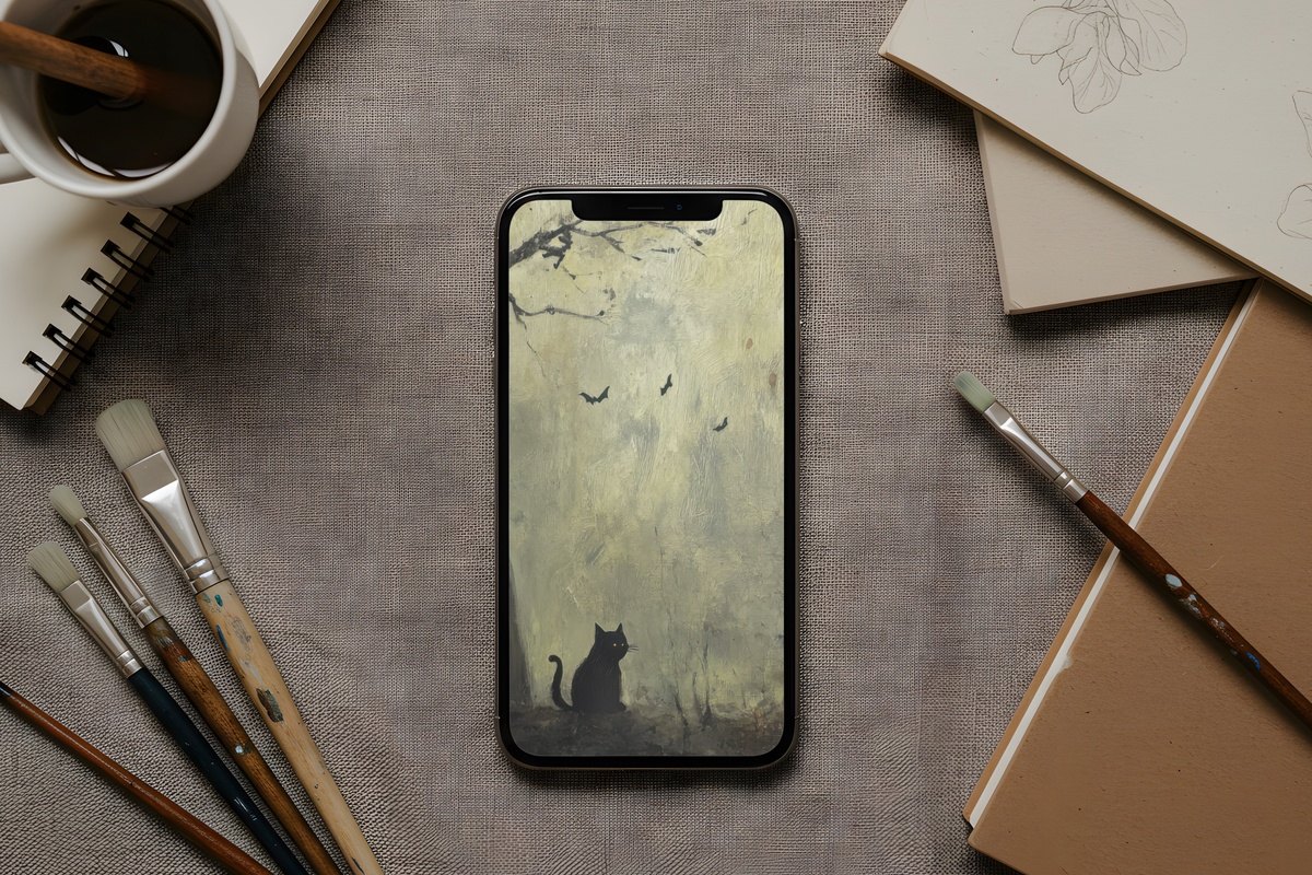 Forest Witch and Feline Companions Halloween iPhone Wallpaper