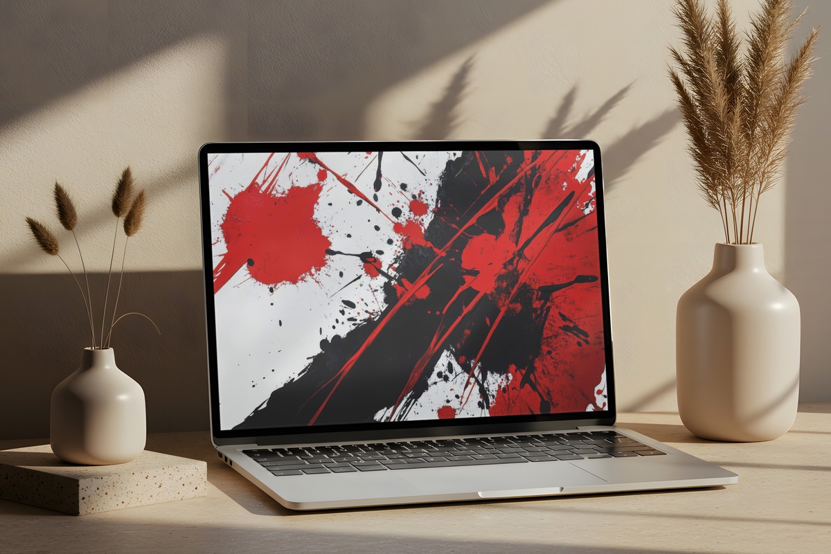 Crimson Noir Cascade Abstract Desktop Wallpaper — bold red and black dynamic splashes