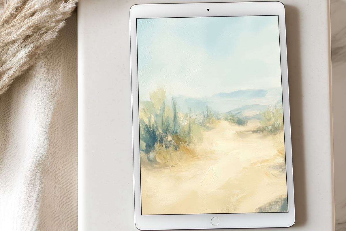 Soft Toned Cacti Serenity iPad wallpaper with dusty sage, blush and desert pastels