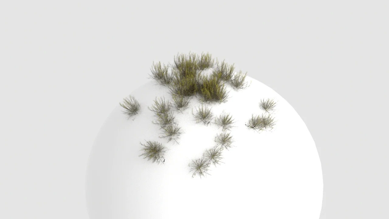 3D rendered white sphere with scattered dry grass tufts growing across its surface on a light gray background minimal organic 3D design asset