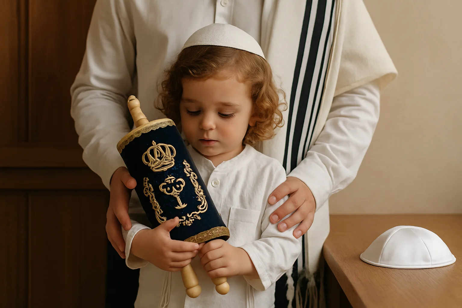 סט חלאקה עם ציצית, כיפה וספר תורה קטן