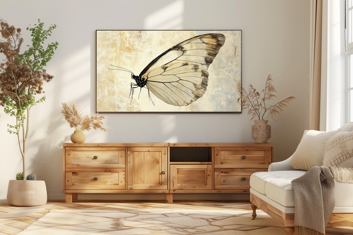Minimal Butterfly Wing Whimsy Frame TV Art featuring a single elegant butterfly wing in fine linework