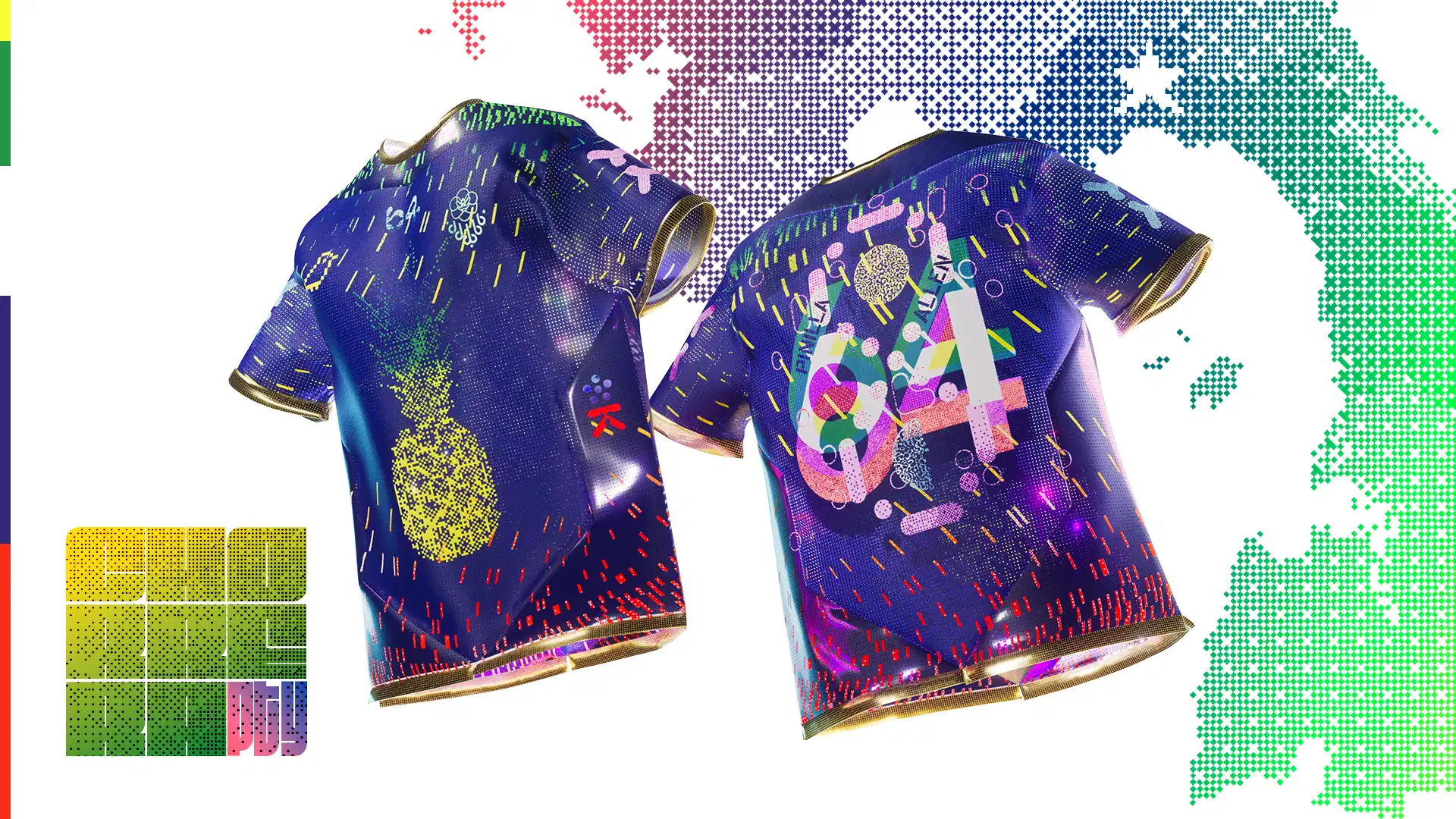 3D digital fashion design process screenshot showing a navy blue patterned jersey with pixel pineapple graphic mapped onto a white mannequin in a CLO3D or similar garment simulation software