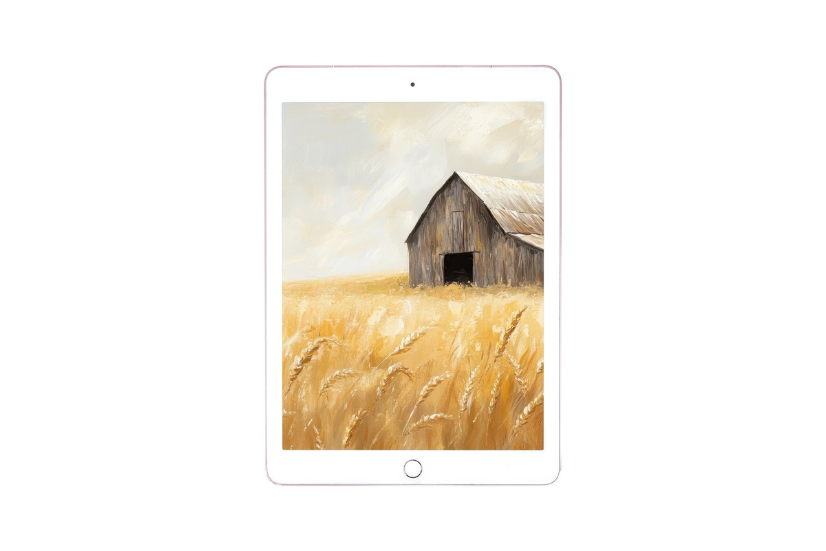Impressionist Wheat Barn Splendor Farmhouse iPad Wallpaper in sunlit golden tones