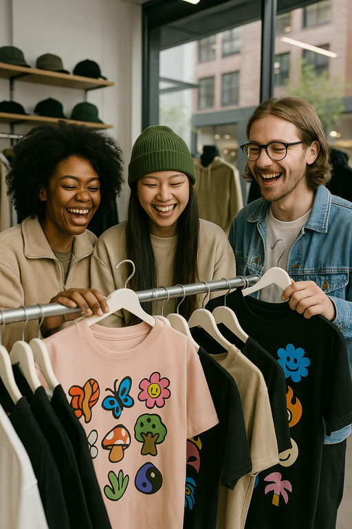 Diverse group wearing stylish funny graphic T-shirts in urban setting