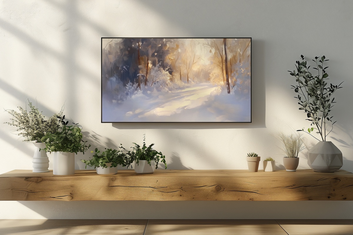 Winter's Golden Embrace Frame TV Art - golden glow in winter scene