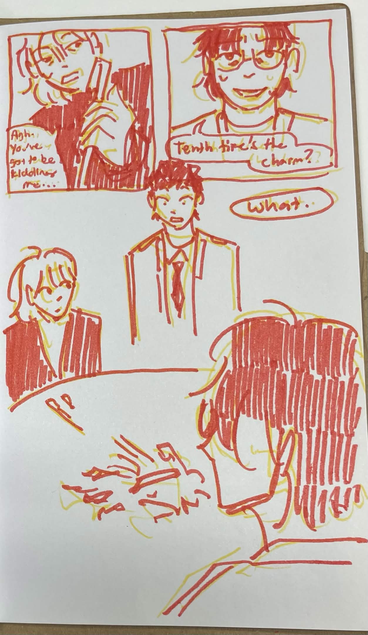 Art by Anonymous - Page 3, Agent Mint says: Argh. You've got to be kidding me. Agent Grapes says: Tenth time's the charm? Agent Bronze appears and stares down at the table with a shocked expression. He says: What.