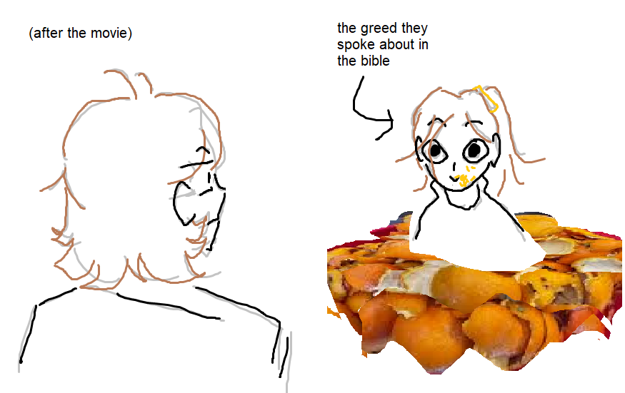 Art by Anonymous - Set after the movie, Go Yeongeun looks at Kang Yihak in shock and disgust. The latter is surrounded by orange peels with orange juice staining her mouth. Attached to her is a label that says 