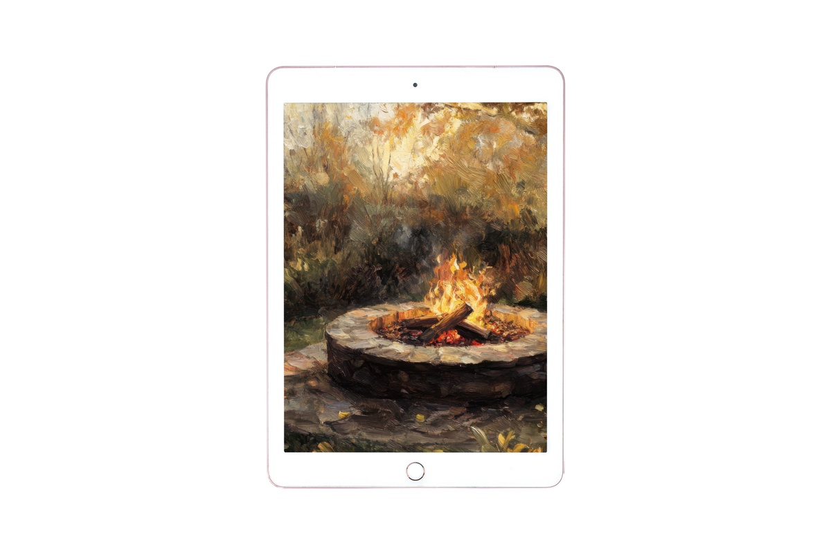 Cozy Fire Pit Gathering iPad Wallpaper with rich autumn amber tones