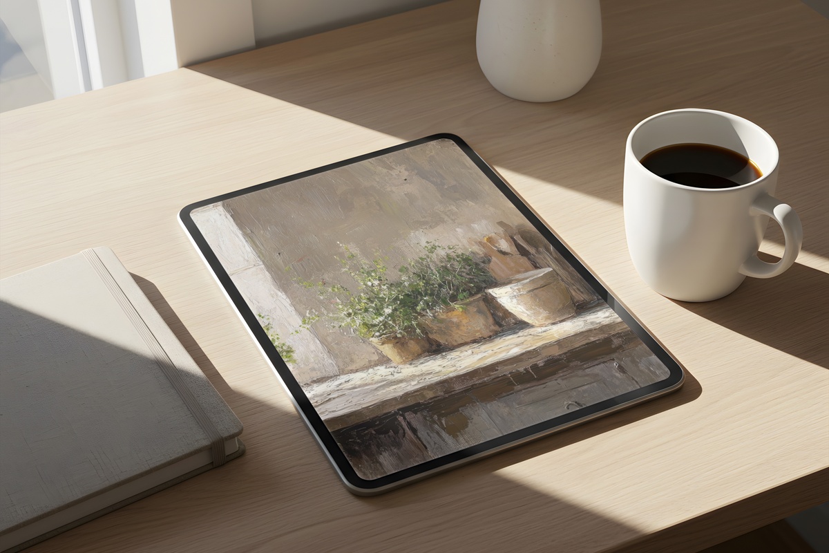 Herb-Filled Farmhouse Kitchen iPad wallpaper in warm earth tones