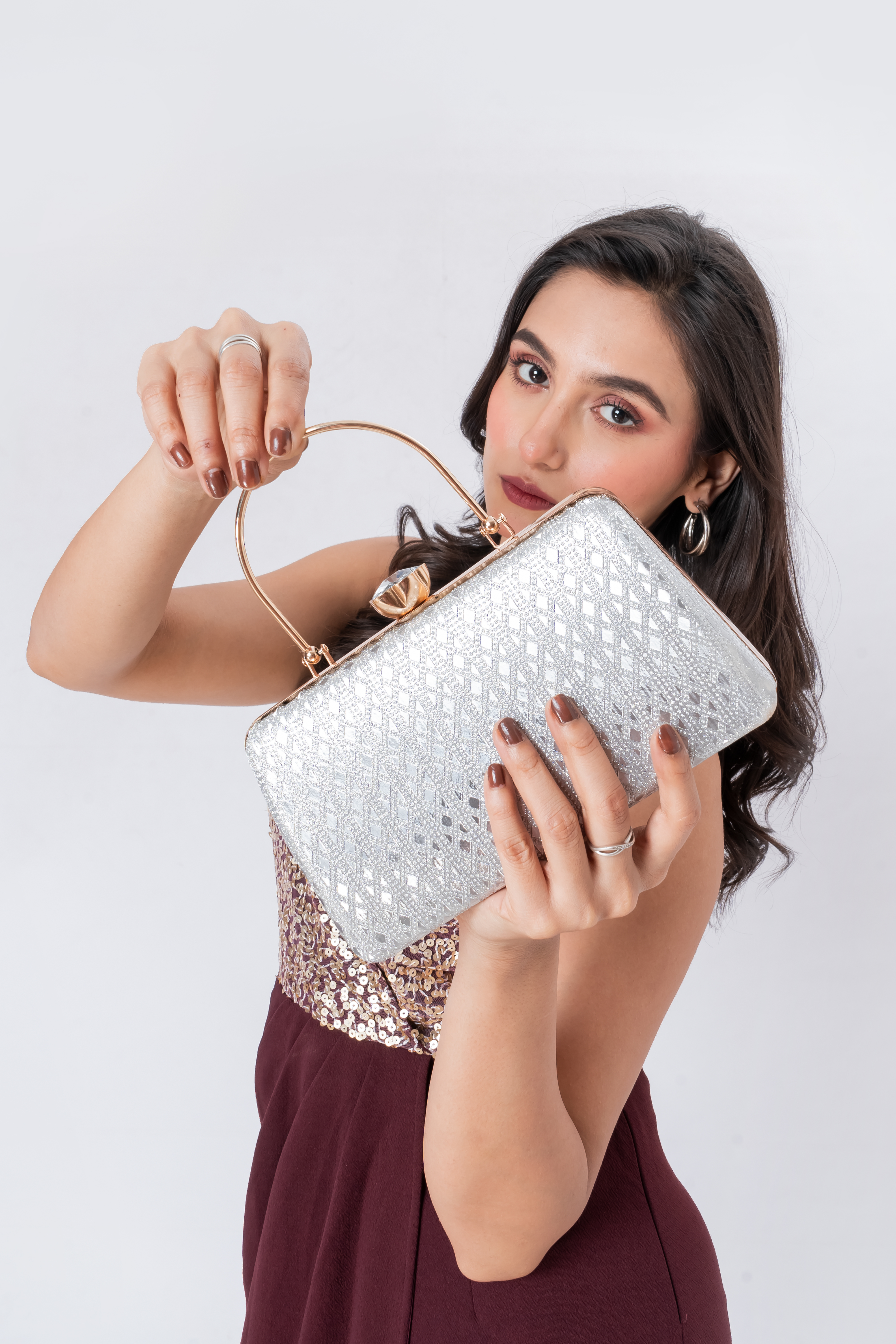 Zeenin Women’s Party Clutch Handbag with Metal Handle & Chain Strap | Elegant Evening Purse