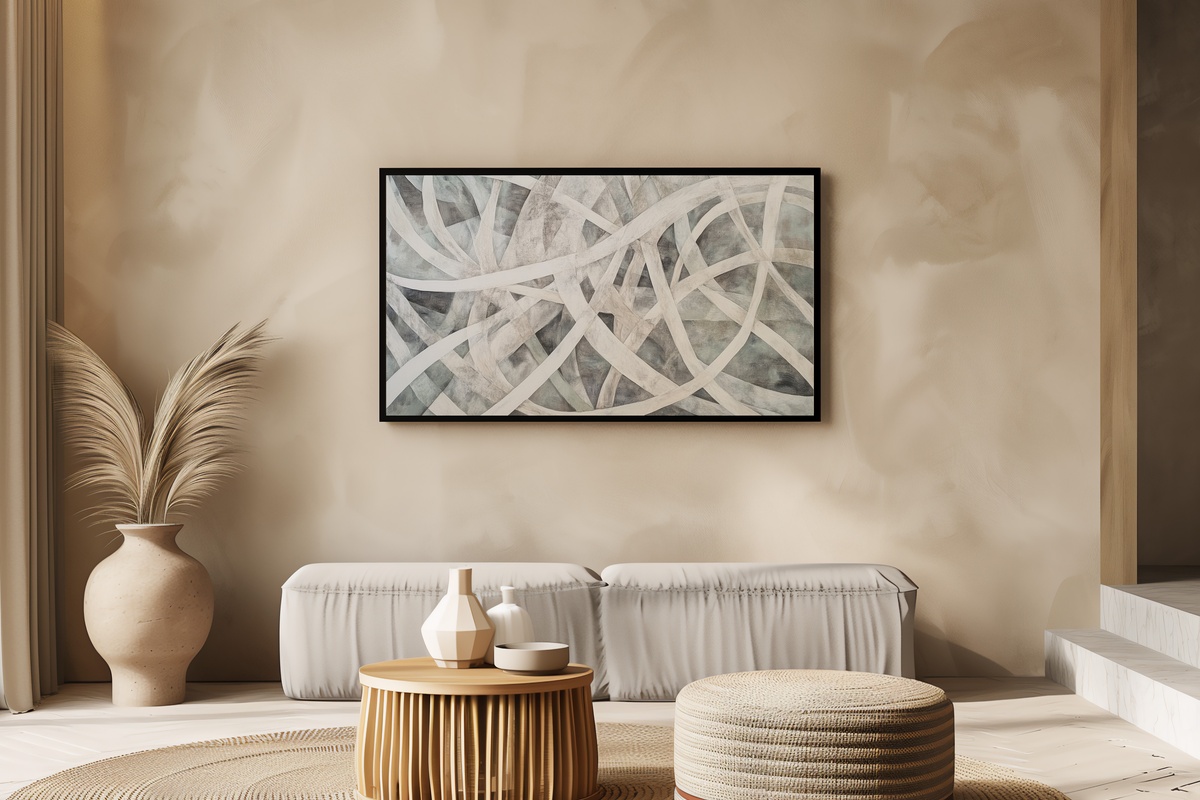 Woven Harmony Threads abstract Frame TV art with interwoven muted tones