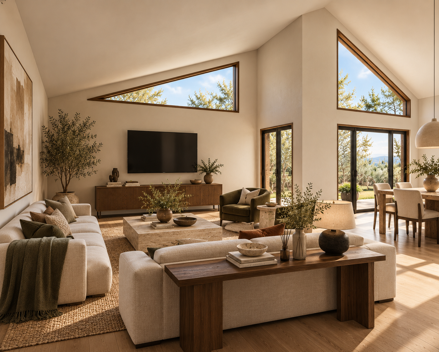 Family room with a sloped ceiling, triangular clerestory windows, and sliding doors to the yard