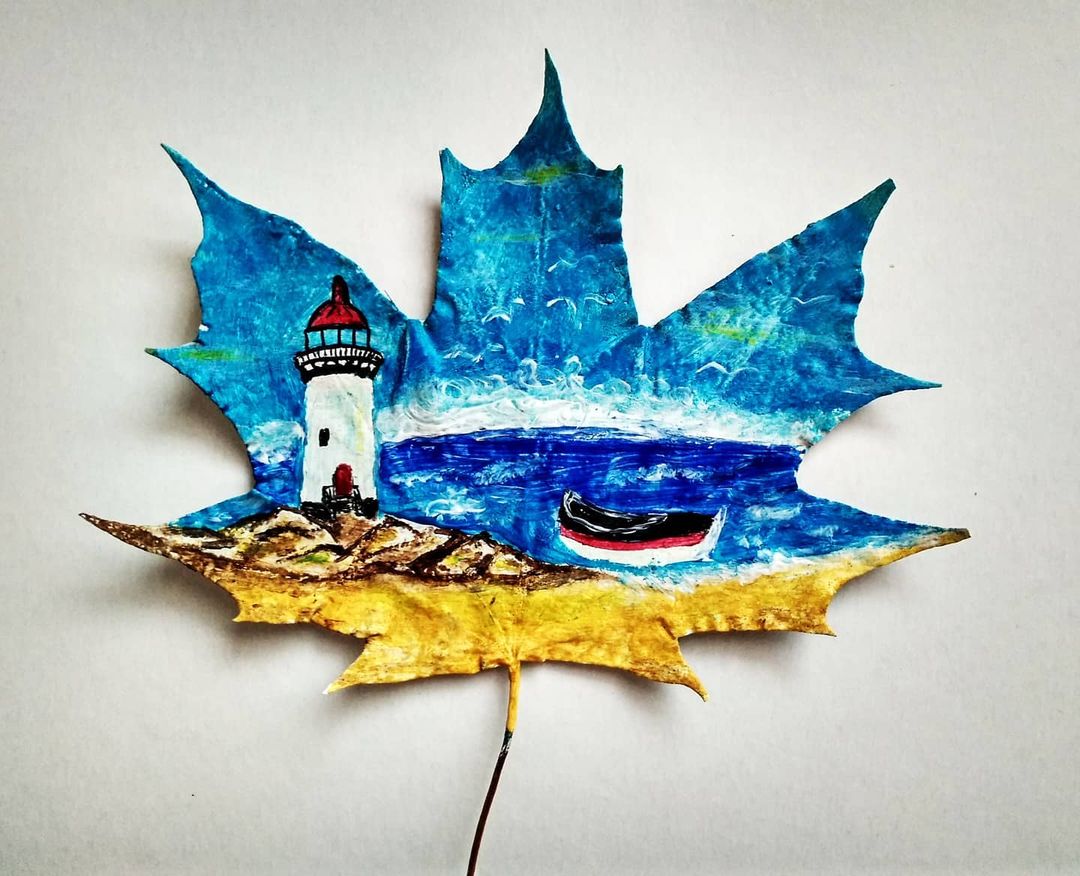 Painting on dried maple leaf.