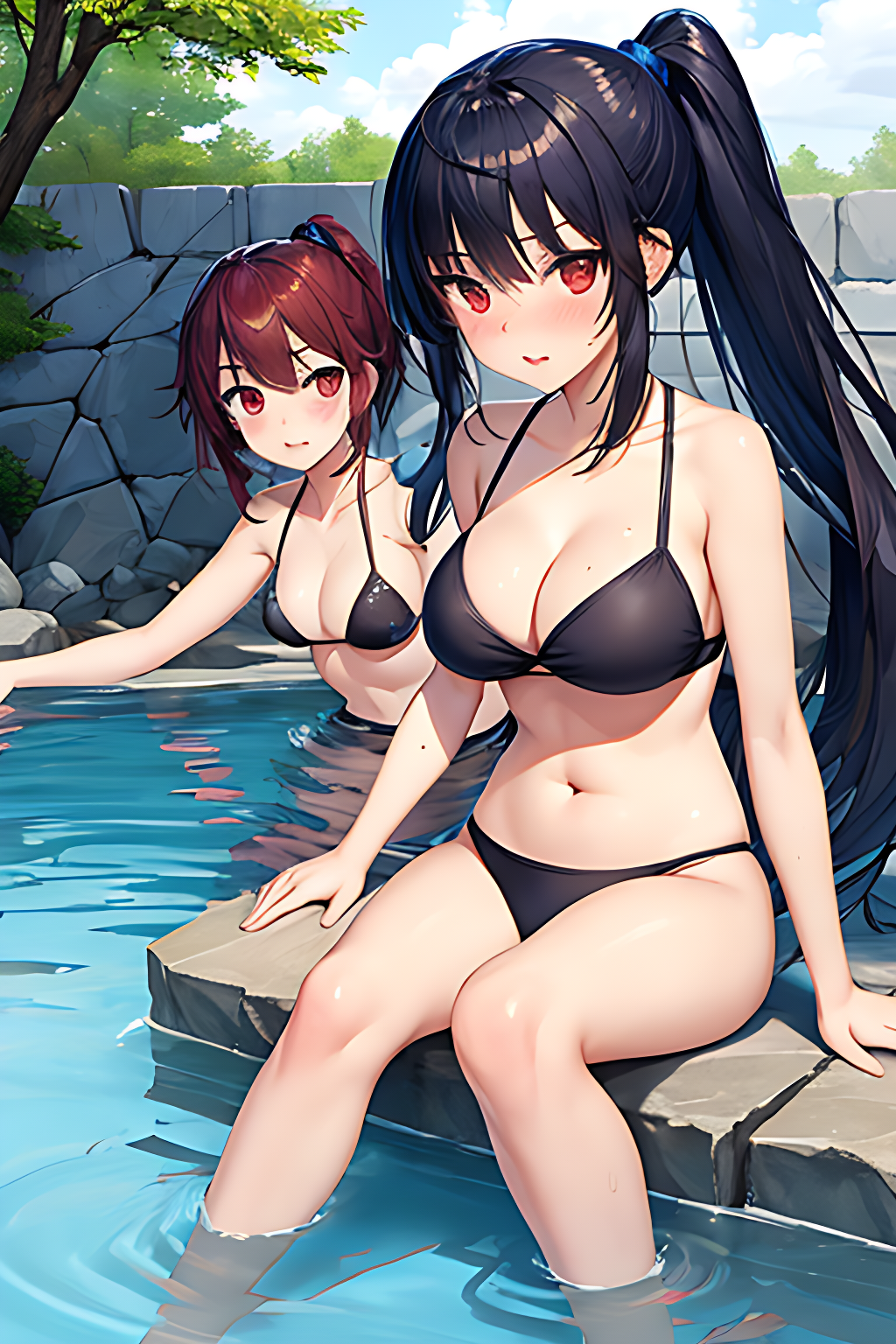 AIイラスト勉強中(ご注意:奇形や違和感あります) by AI実験室 with beautiful girl, Shizuku Yaegashi, Arifureta: From Commonplace to World's Strongest, onsen, bikini, swimsuit, breasts