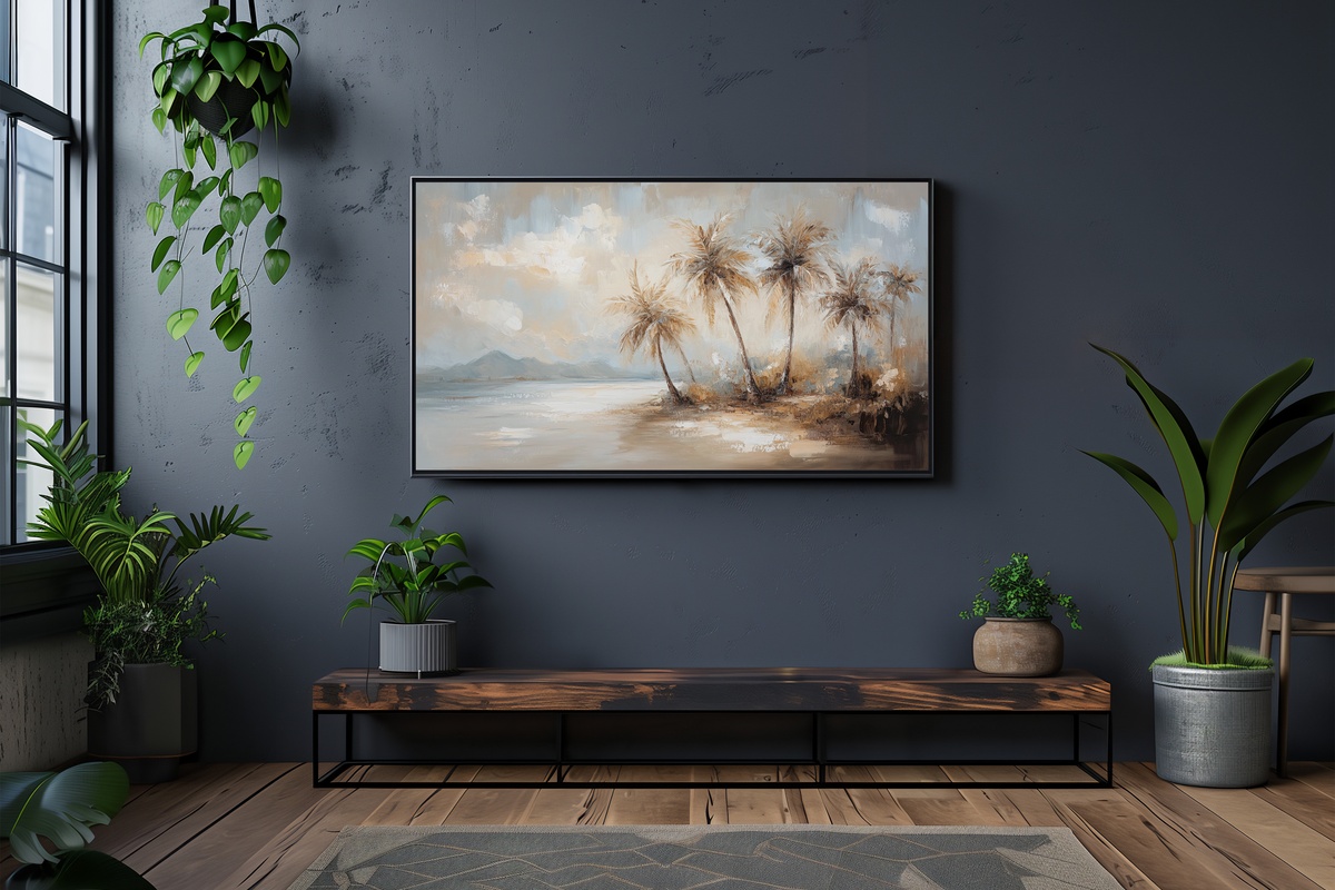Tranquil Palm Coasts - Vintage Frame TV Art of an impressionist island with palm trees