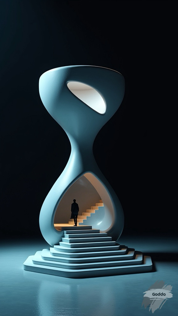 Sculptural hourglass silhouette with an open mind leading to stairs, a lone figure ascending, representing personal growth, against a stark black background, minimalistic, blue-white gradient lighting, surrealism, digital art