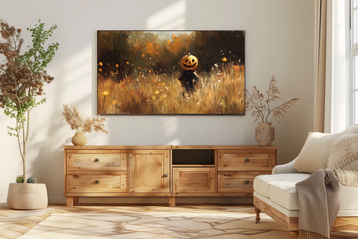 Jack-O-Lantern in Autumn Fields Halloween Frame TV Art — amber autumn field scene with carved pumpkin for Samsung Frame TV