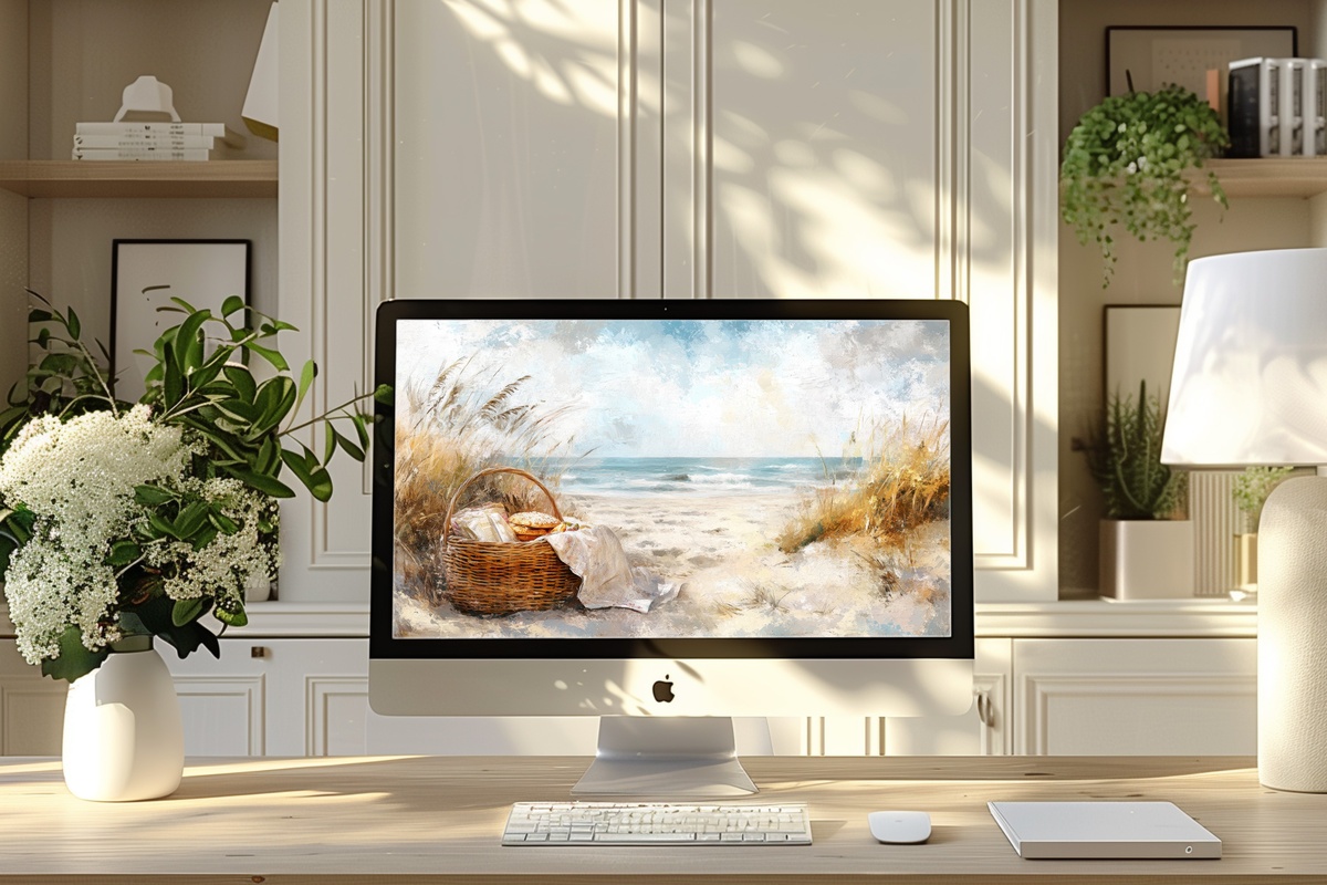 Picnic Coastal Bliss Coastal Desktop Wallpaper — impressionist beach picnic scene in warm afternoon light