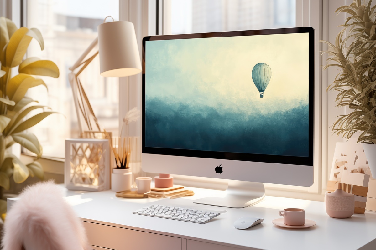 Skyward Balloon Whimsy Desktop Wallpaper — delicate balloon sketch floating on an airy pale background