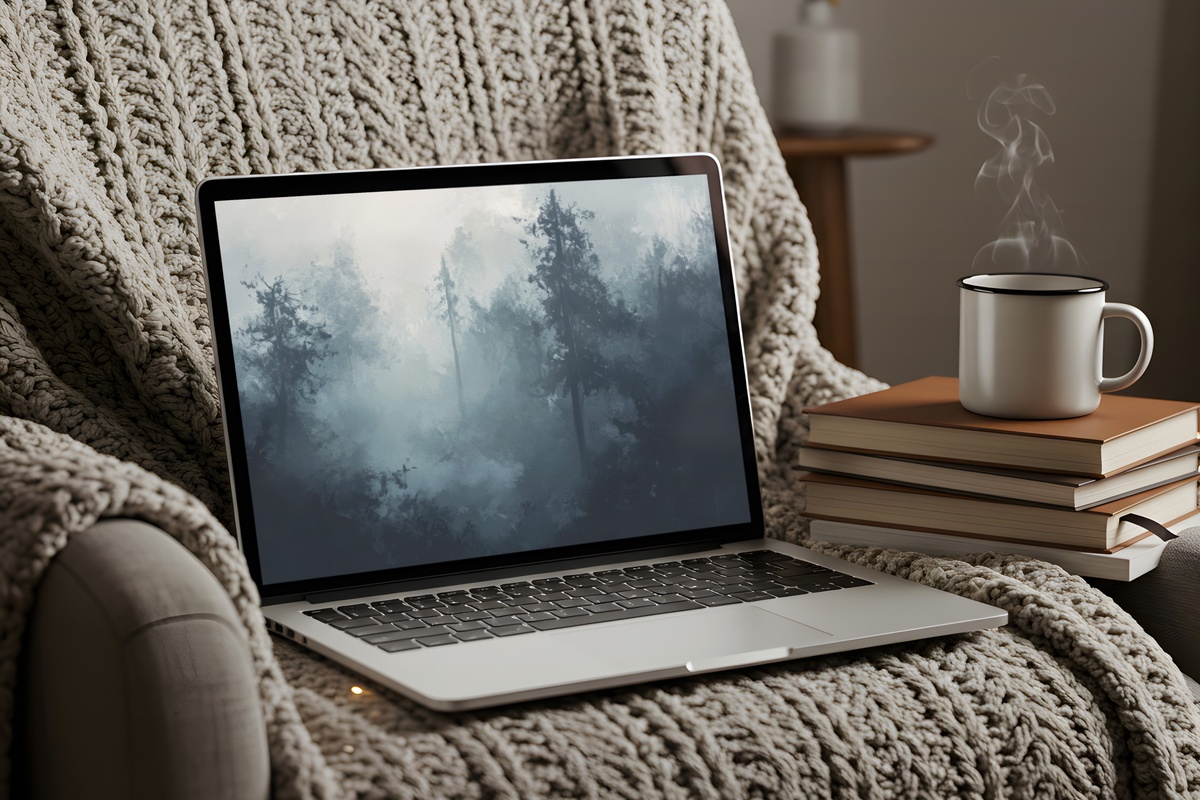 Misty Forest Whisper landscape desktop wallpaper with impressionist foggy forest in blue-green tones