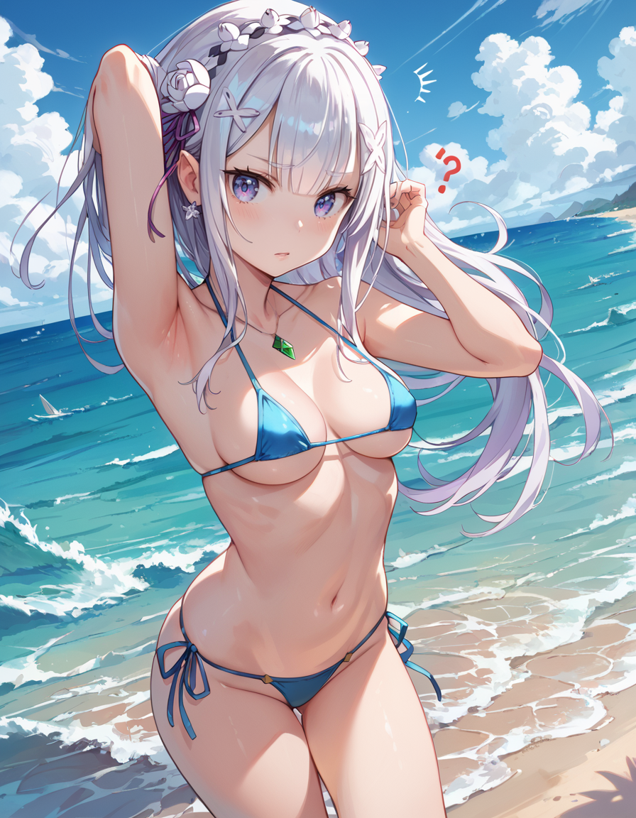【リゼロ】 エミリアのマイクロビキニ by いすこ with ai art, swimsuit, Emilia, cum dump, Re:Zero, Emilia (Re:Zero), M-shaped legs