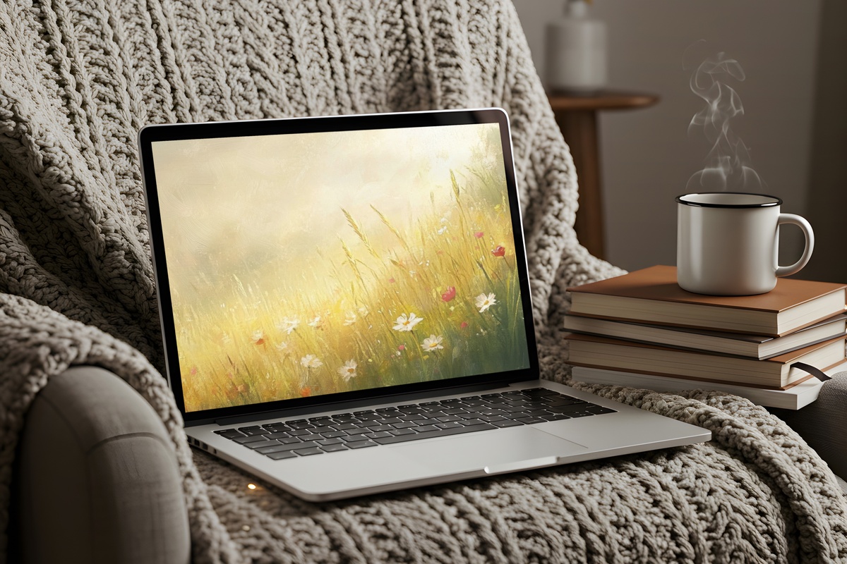 Blooming Meadow Bliss pastoral landscape laptop wallpaper