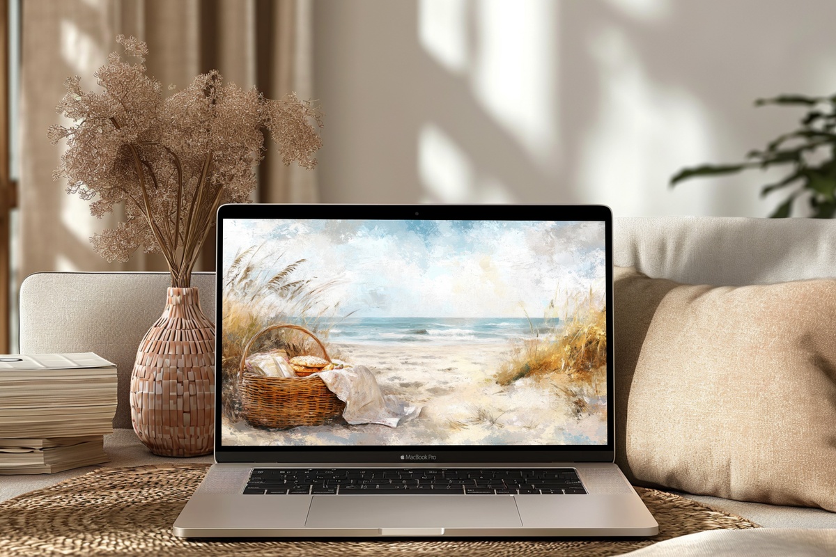 Picnic Coastal Bliss desktop wallpaper with impressionist beach picnic scene