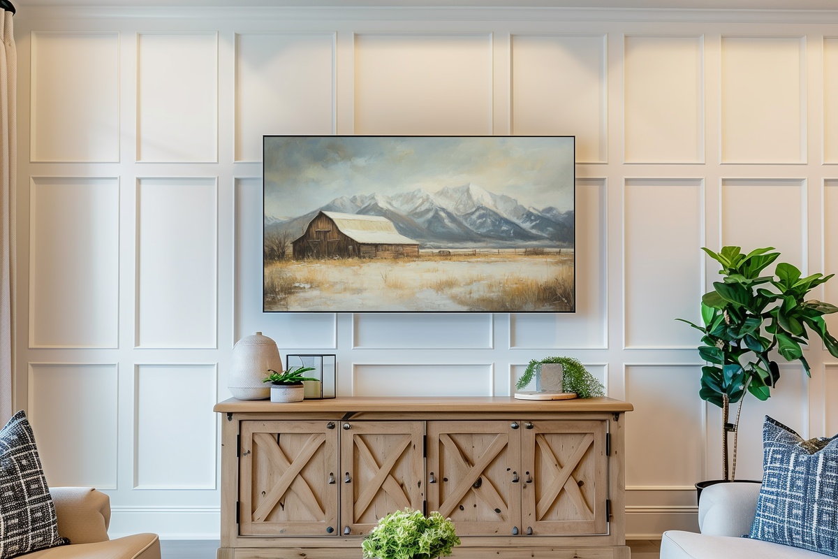 Snowy Barnscape Tranquility Frame TV Art with impressionist barn and snow-covered mountains