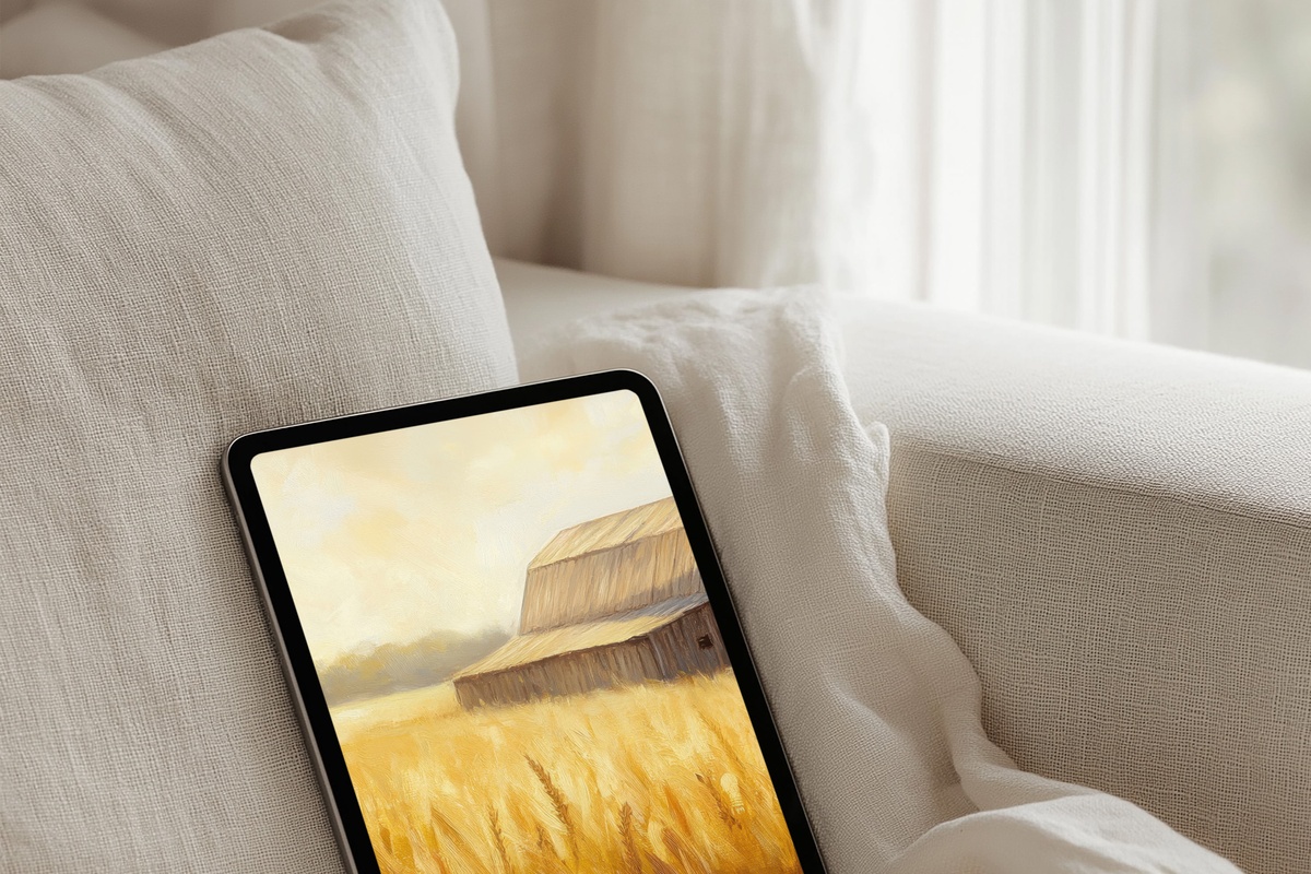 Wheatfield Barn in Golden Light farmhouse iPad wallpaper in warm ochre tones